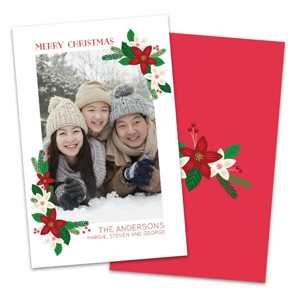 Personalized Poinsettia Frame Photo Christmas Card
