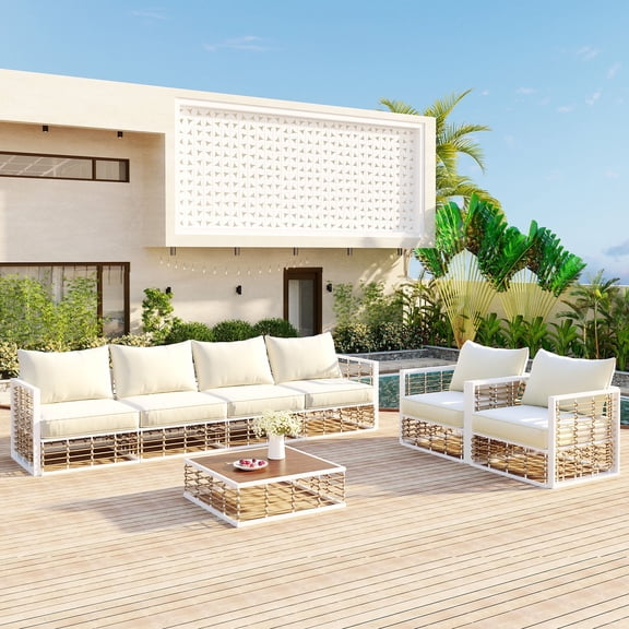 7-Piece Modern Minimalist Metal Patio Sectional Sofa Set, All-Weather Garden Conversational Furniture Set with Thick Cushions and Coffee Table for Indoor Outdoor (White)
