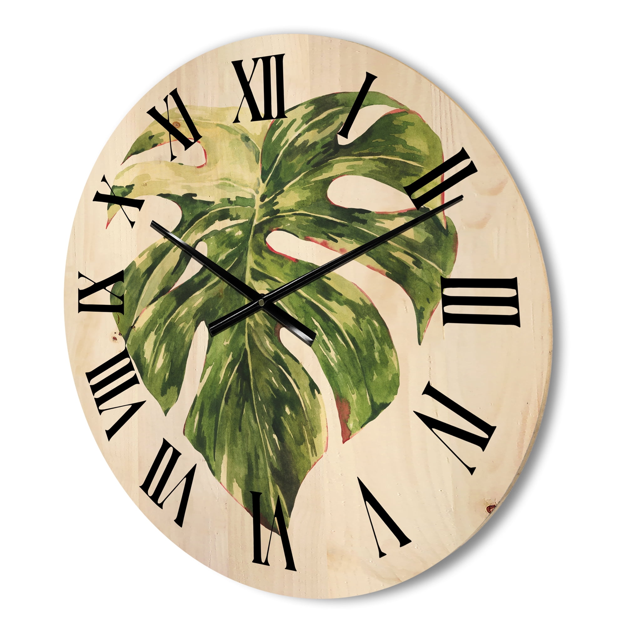 Designart 'Tropical Green Leaves On White In Summer Times III' Tropical Wood Wall Clock
