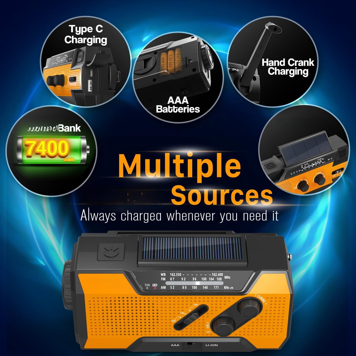 Noaa Emergency Weather Radio A1 7400mwh Portable Power  Am/fm Usb/solar/hand Crank Charging Operated Sos Alarm & Flashlight For Indoor/outdoor - Orange