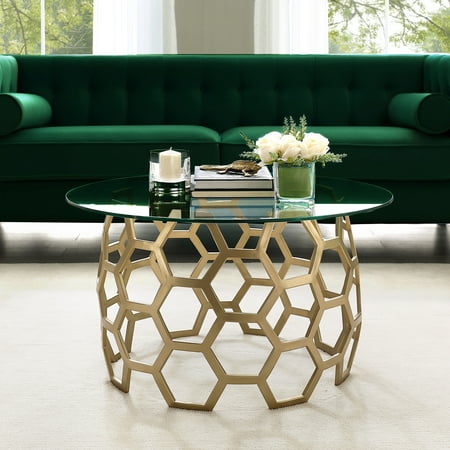 Janina Round Gold Coffee Table - Clear Glass Top | Geometric Hexagon Metal Frame | Modern