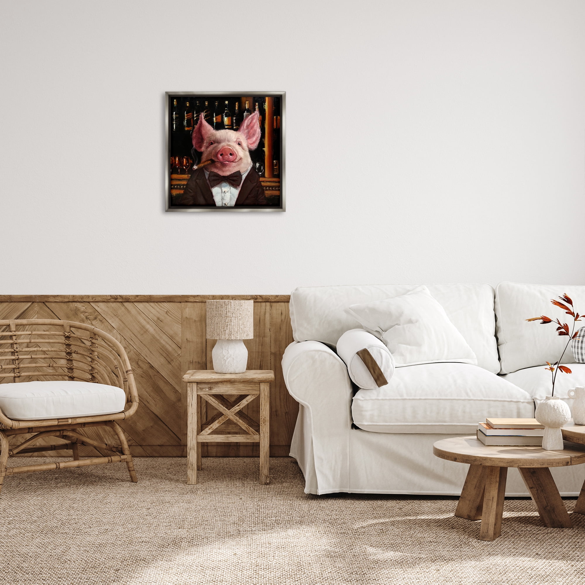 Stupell Industries Classy Pig at Cigar Bar Animals & Insects Painting Gray Floater Framed Canvas Art Print Wall Art, 25 x 25