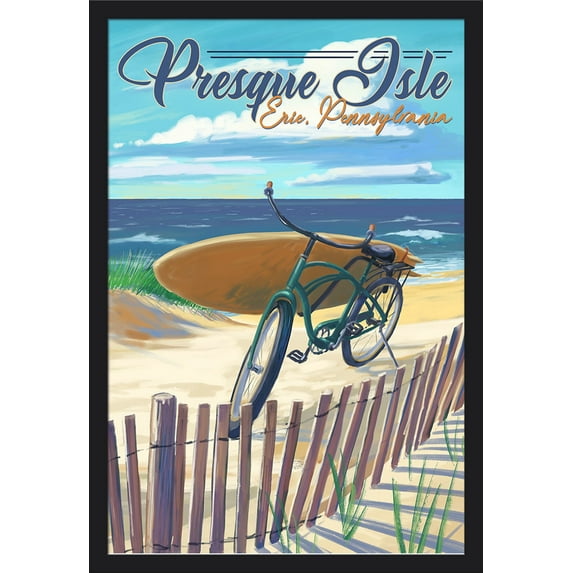 Presque Isle, Pennsylvania - Beach Cruiser on Beach - Lantern Press Artwork (24x36 Giclee Art Print, Gallery Framed, Black Wood)