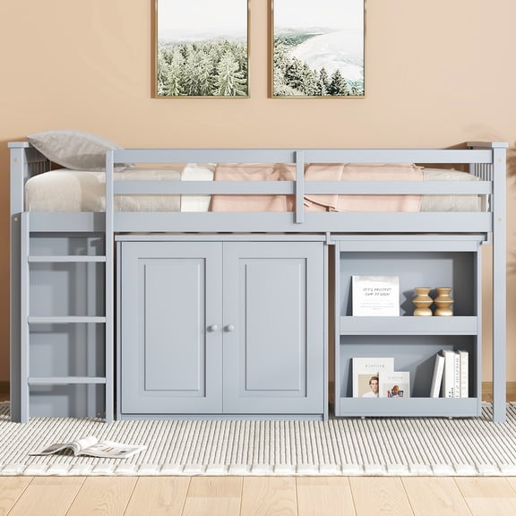Harper & Bright Designs Twin Size Loft Bed with Storage Cabinet and Drawer, Wooden Loft Bed with Pulling-Out Desk, Guardrails and Ladder, Grey