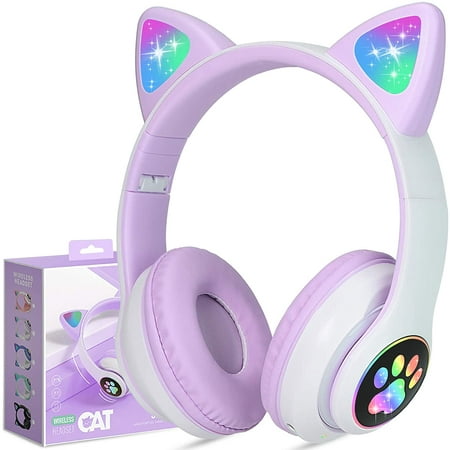 TCJJ Kids Headphones, Cat Ear Wireless Headphones, LED Light Up Bluetooth over on Ear Purple Headphones for Toddler Boy Girl Teen Children With Microphone for iPhone/iPad/Laptop/School Christmas Gift