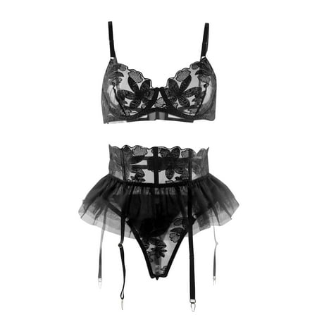 

Aayomet Sexy Lingerie Women Sexy Lingerie Mesh Flange Garter Belt Underwear Bra With Underwire Embroidery Three Piece Set Black XL