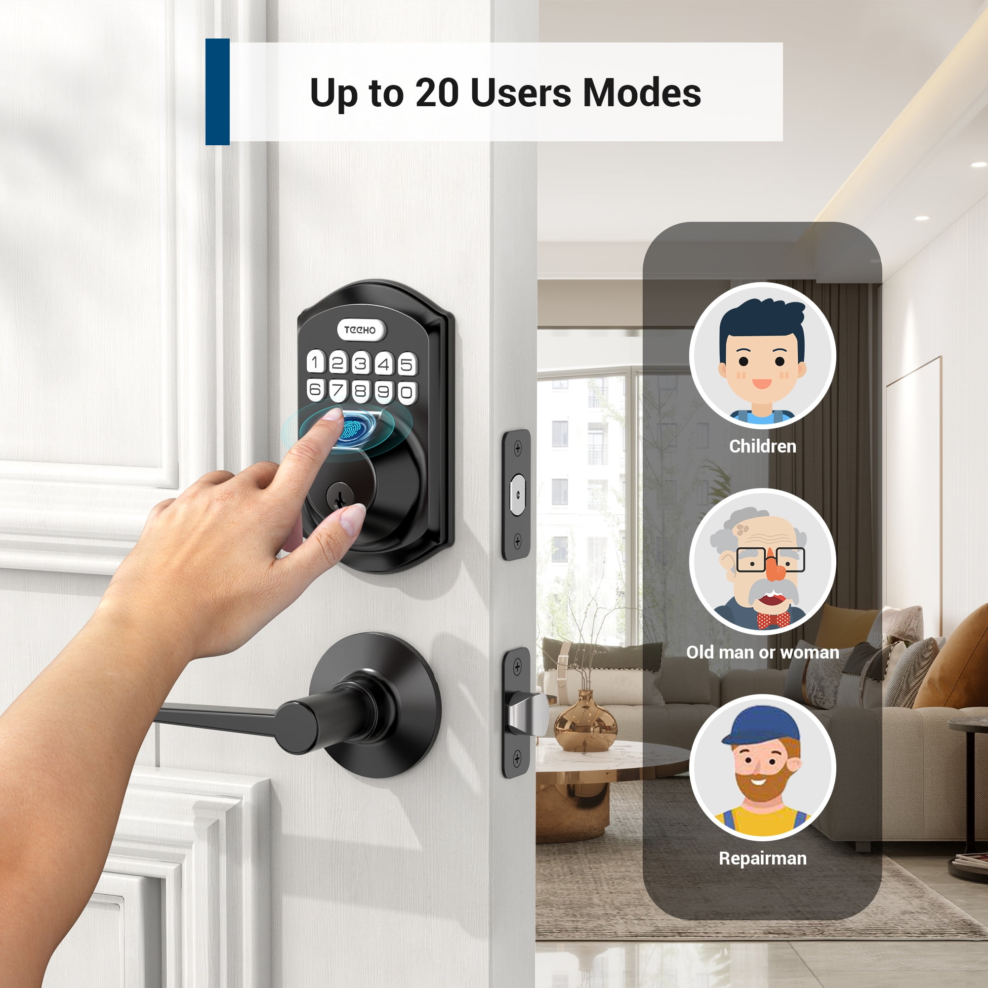 TEEHO Fingerprint Keyless Entry Door Lock with 2 Handles, Security Keypad Deadbolt Lock, Electronic Smart Door Locks, Auto Lock, Easy Installation- Matte Black