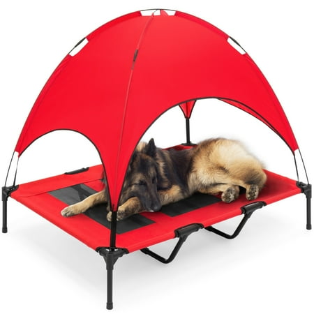 Best Choice Products 48in Elevated Cooling Dog Bed Outdoor Raised Mesh Pet Cot w/ Removable Canopy Carrying Bag - Red