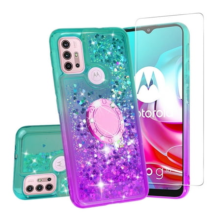 SOGA Quicksand Cover Cute Girl Phone Case Compatible for Motorola Moto G30 Case, Moto G10 Case, with Ring for Magnetic Car Mounts, Lanyard, Tempered Glass - Purple / Teal