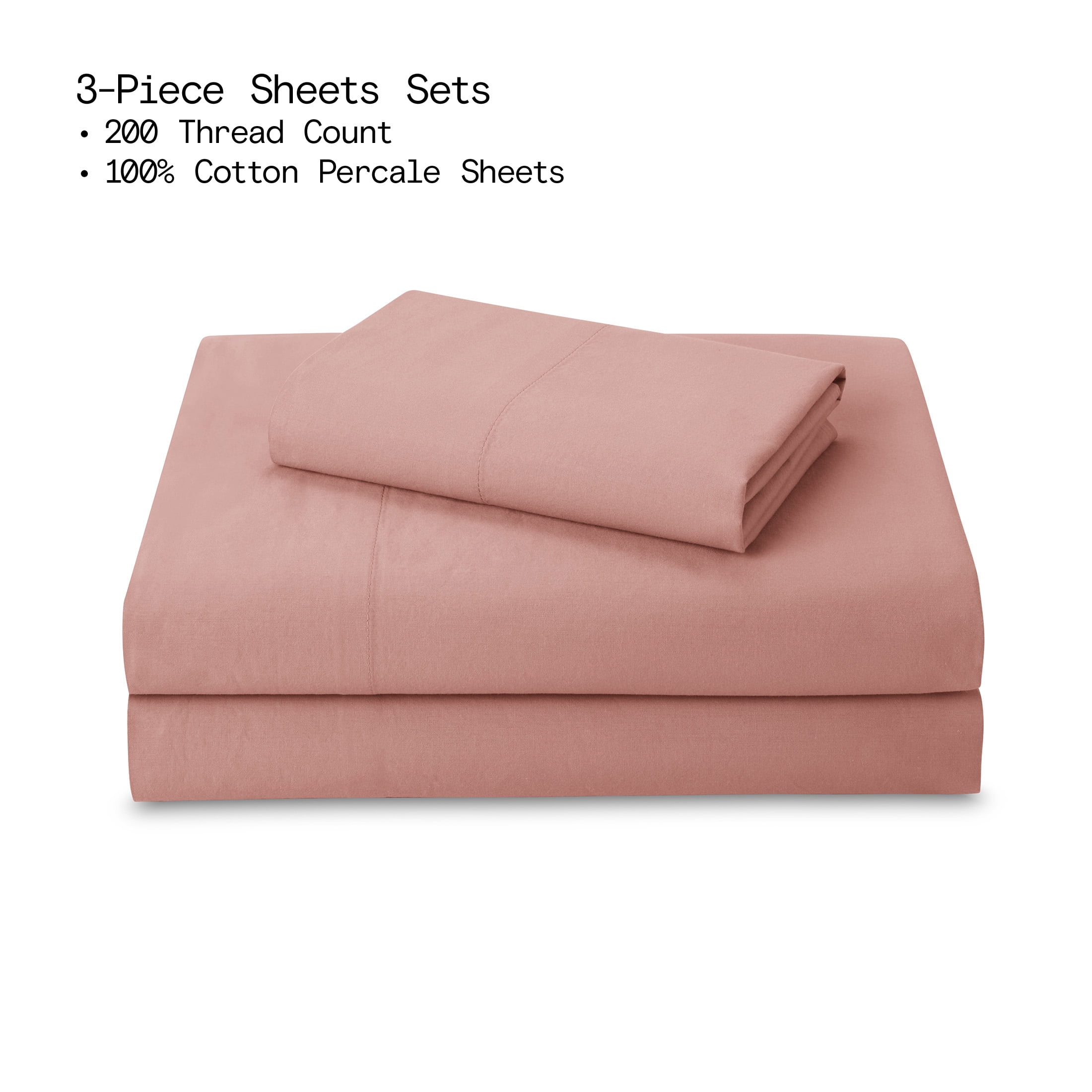Beautiful 3-Piece 100% Cotton Washed Percale Sheet Set, Woodrose, Twin