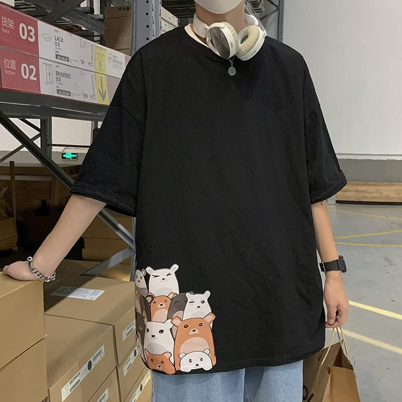 Pikadingnis Grunge Bear Print T-Shirt Cutecore Cartoon Graphic Oversized  Short Sleeved Shirt Casual Harajuku Crew Neck Pullover Tops 