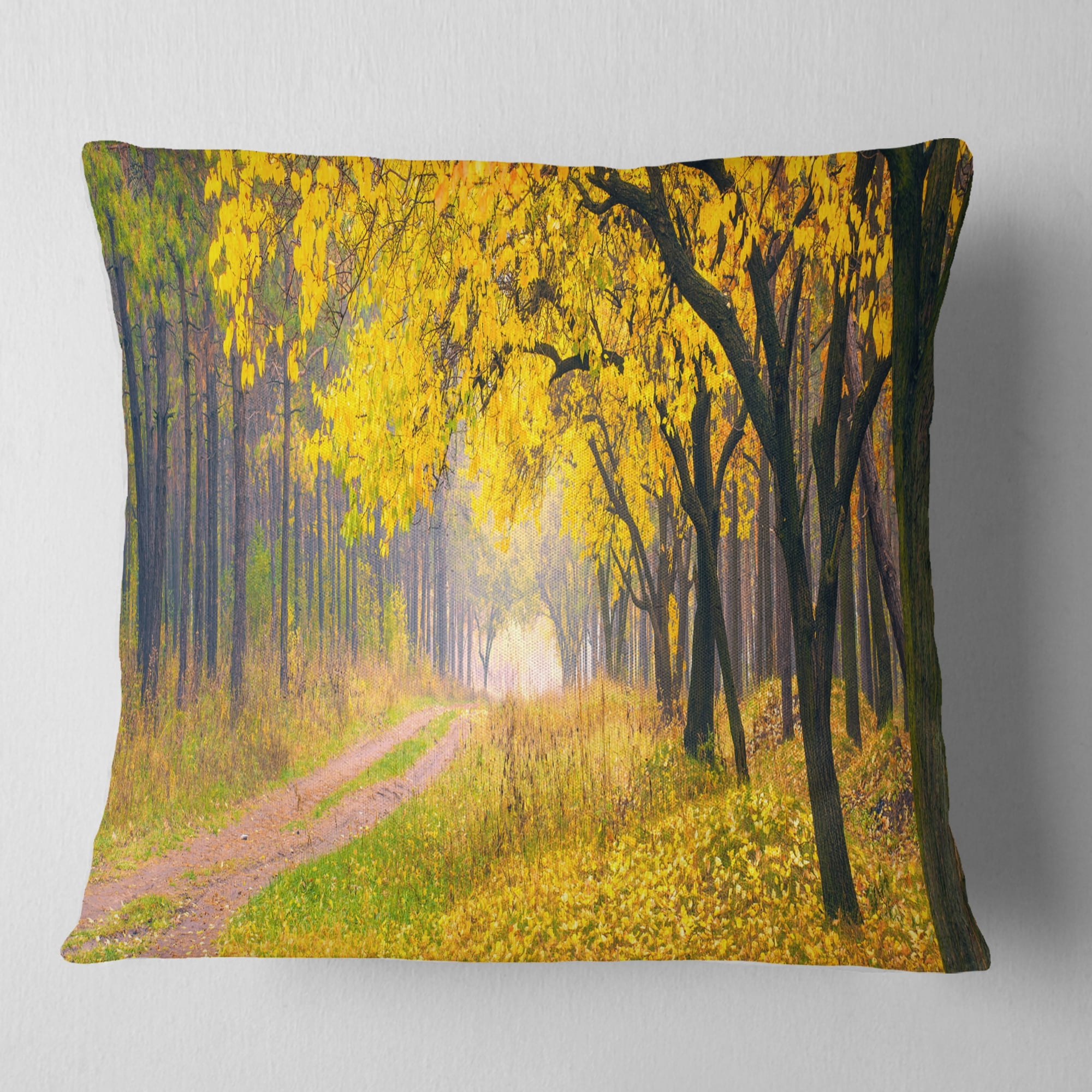 Designart Bright Yellow Autumn Forest - Landscape Photo Throw Pillow - 16x16