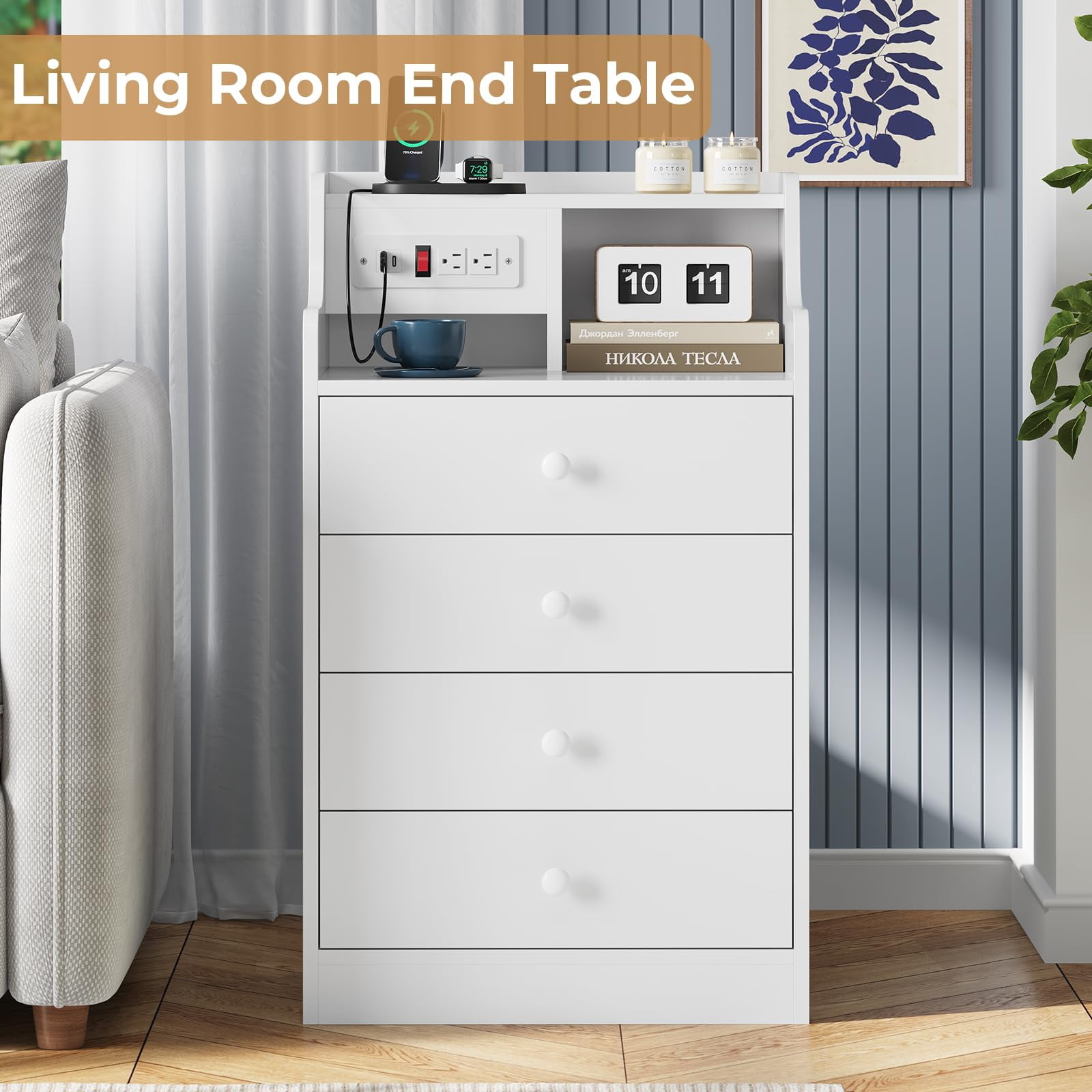 Afuhokles Set of 2 Nightstand with Charging Station, Bedside Table with 4 Drawers,End Table with Hutch, White