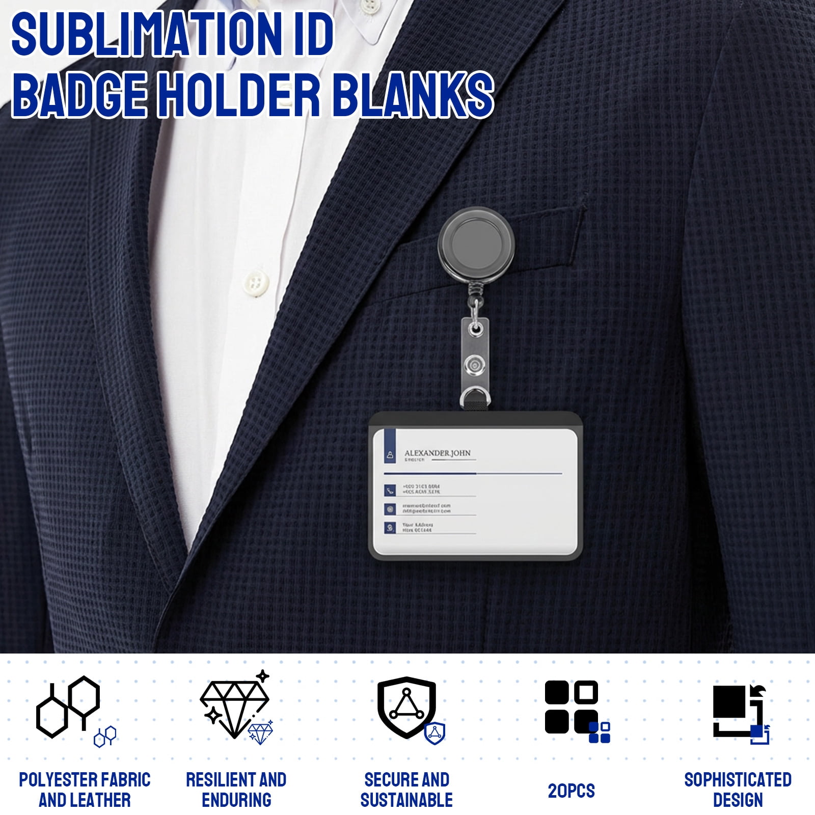 Threns 20 Pack Ublimation ID Badge Holder, PU Leather ID Card Sublimation Card Holder, Blanks Bulk Heat Transfer Print Waterproof Name Tags for Office Employee Student