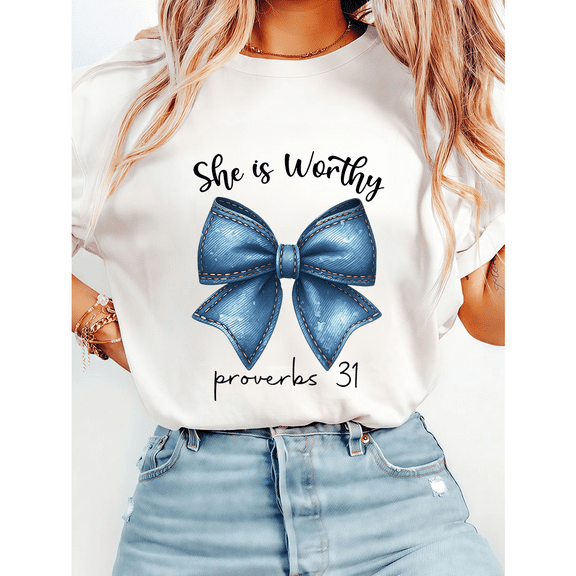 Proverbs 31 She is Worthy Lettering Print T-shirts Women Christian Graphic Tees Bible Verse Religious Shirt Faith Based Tops White,M