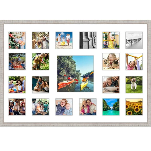Rustic White Matted Wedding Photo Collage Frame - (20) 4" x 4" and (1) 8" x 8" Photos - Great For