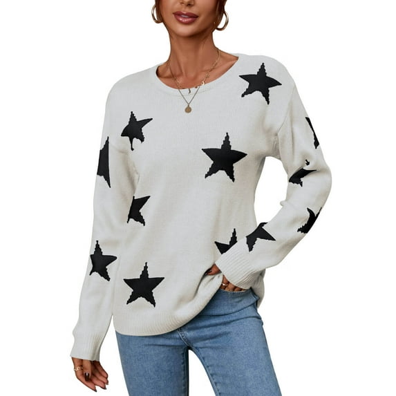 Crewneck Sweaters for Women Star Print Knitted Pullover Sweaters Lightweight Sweater Shermie