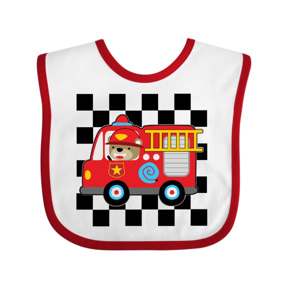 Inktastic Fire Truck Firefighter Retro Checkered Boys Baby Bib