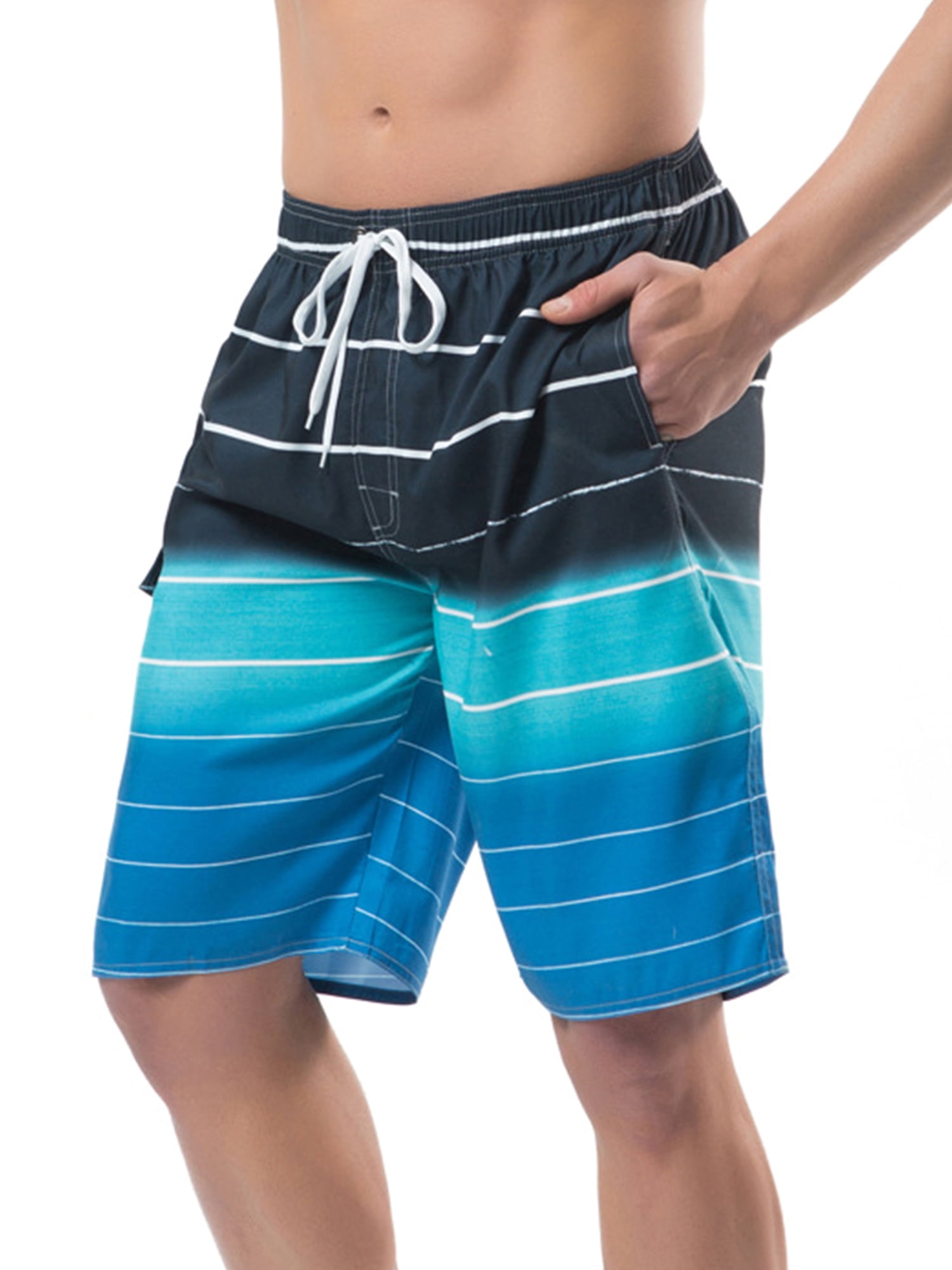 Mens Fashion Stripe Swim Trunks Quick Dry Casual Drawstring Swim Shorts