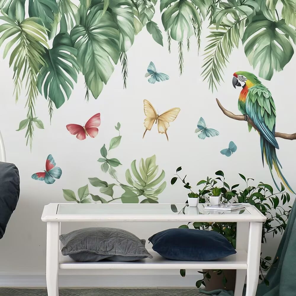 Tropical Plant Birds Wall Decals Stickers, Palm Leaves Parrot Toucan Home Bedroom Decor, Hanging Vines Hibiscus Flower Living Room Kitchen Decorations Art