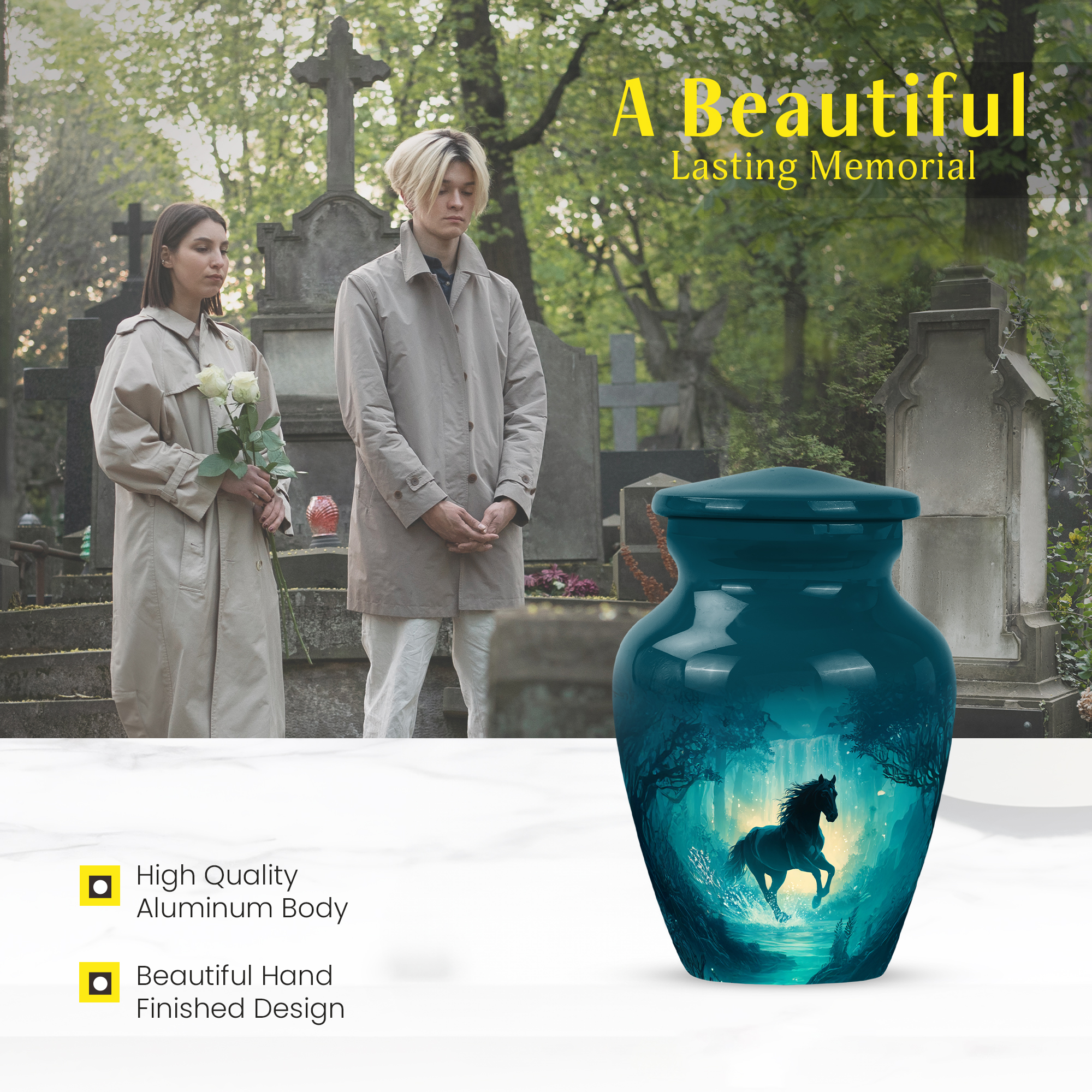 MUKTIVE Waterfall Mini Cremation Urns for Adult Male, Small Green Memorial Urns for Human Ashes Adult Man Funeral, Keepsake Horse Decorative Burial Urn, 3 Inch