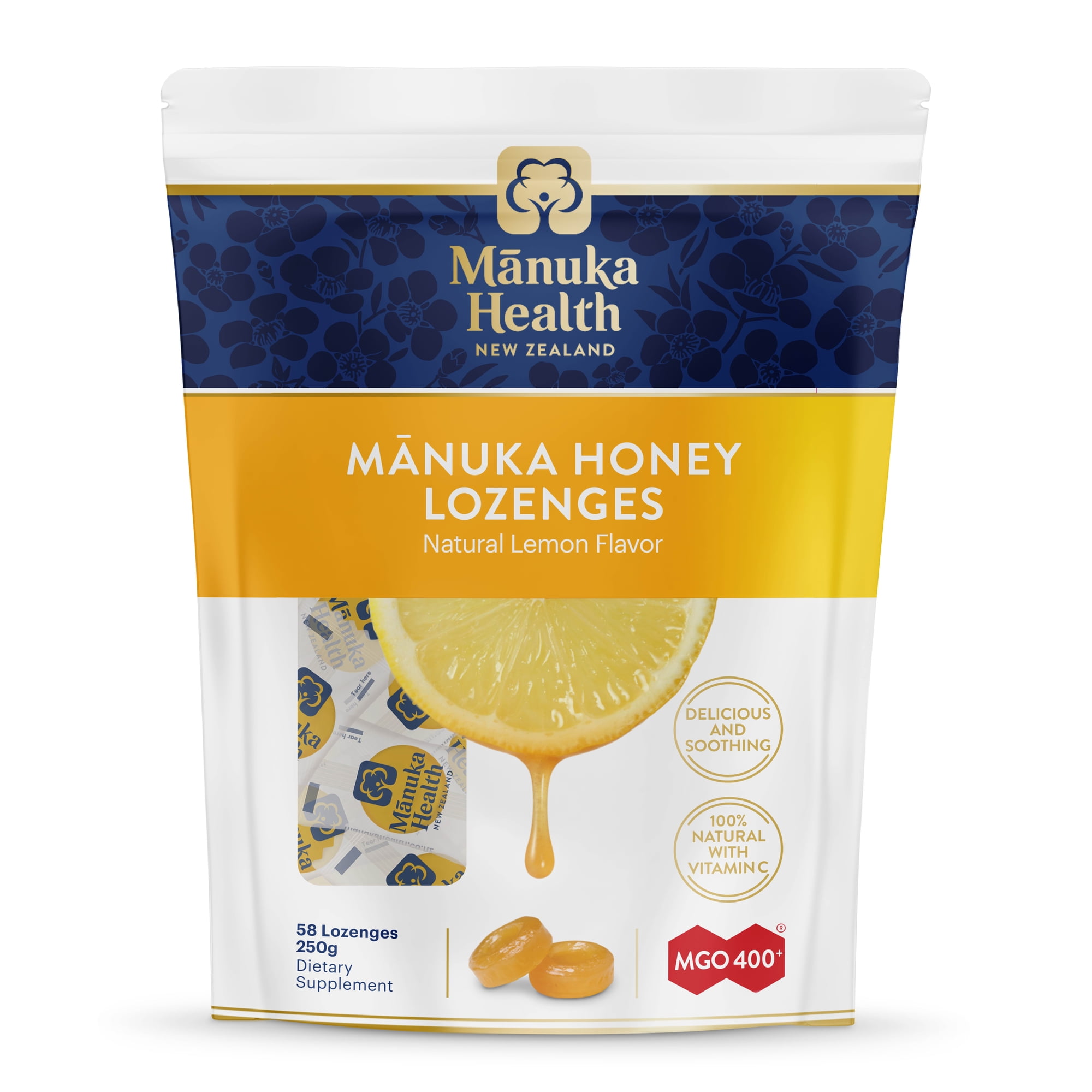 Manuka Health Manuka Honey Lozenges, Natural Lemon, MGO 400+, 58 Lozenges