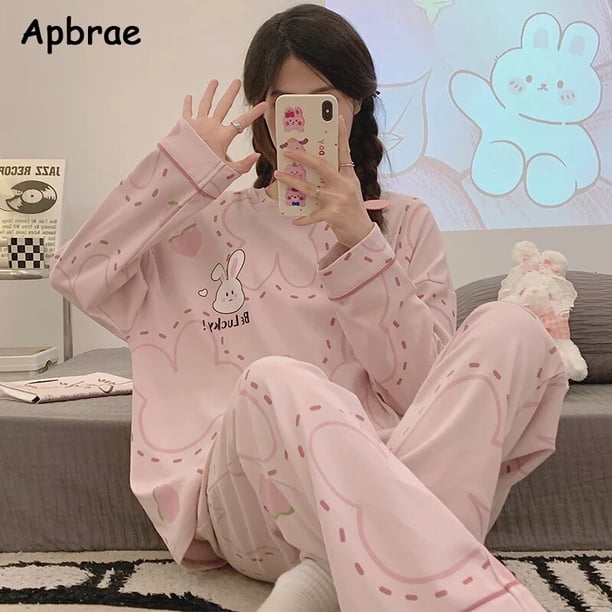 Pijamas de algodón con dibujos animados para mujer, ropa de dormir Coreana de manga larga, pantalones largos con cuello redondo, con estampado de conejo bonito, novedad