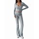 thumbnail image 3 of Conjunto Deportivo de 2 Piezas para Mujer, Camiseta de Larga, Pantalones Acampanados con Solapa, Chándal Informal, Gris, Talla M, 3 of 8