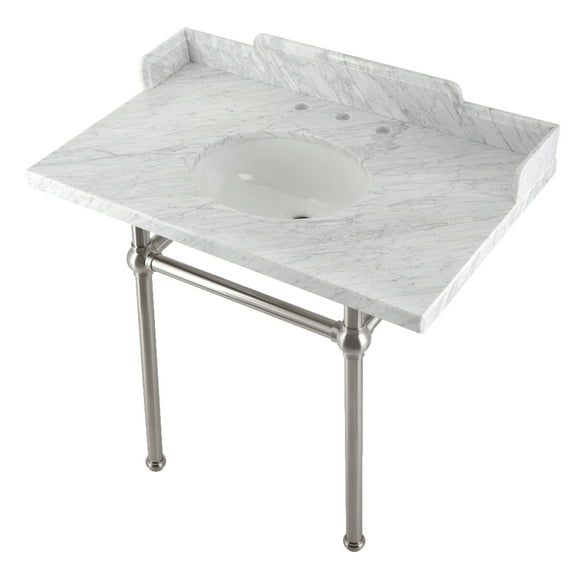 Kingston Brass LMS36MB8 Pemberton 36" Carrara Marble Console Sink with Brass Legs (8-Inch, 3-Hole), Carrara Marble White/Brushed Nickel