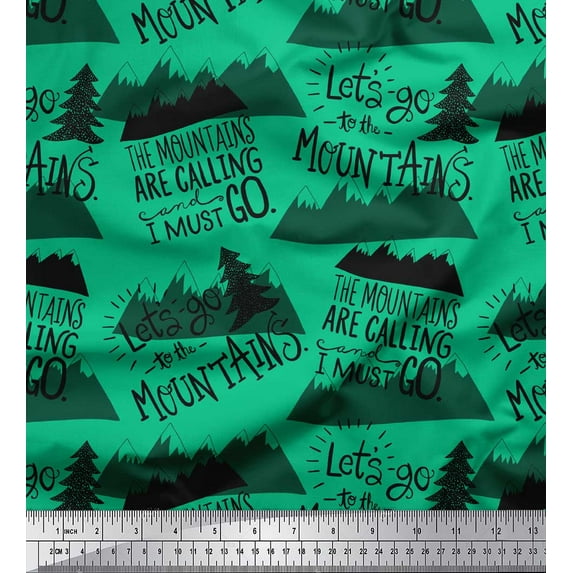 Soimoi Green Poly Georgette Fabric Mountains & Text Print Sewing Fabric Yard 52 Inch Wide