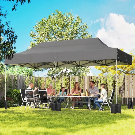 Outsunny 10 x 20 ft Pop Up Canopy Tent, Heavy Duty UPF50 Outdoor Portable Instant Canopy Shelter with Wheeled Carry Bag, Sandbags, Dark Gray