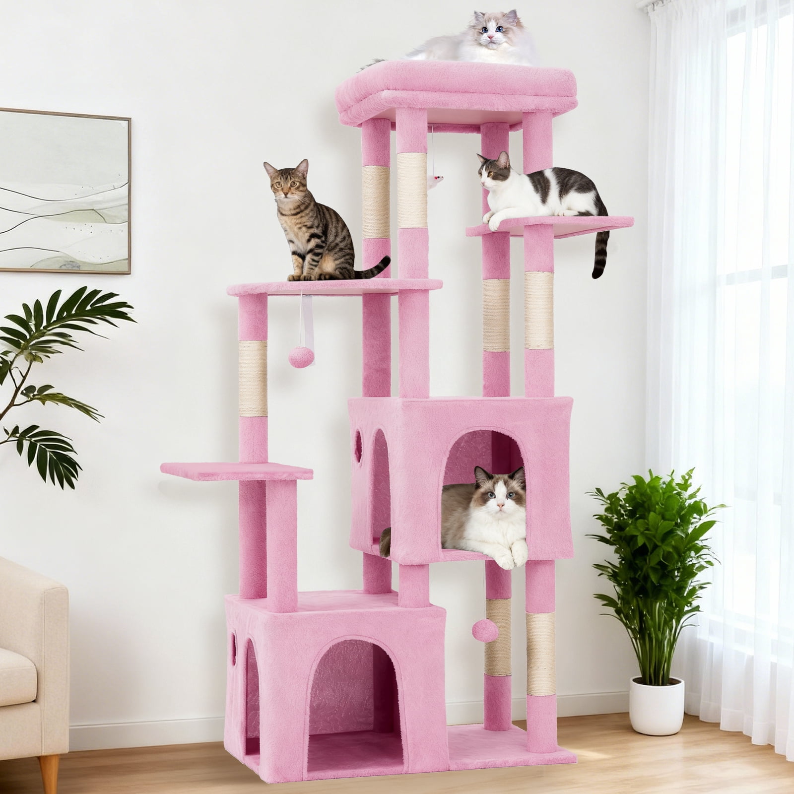 BouPower 61" Multi-Level Cat Tree Tower, Dark Grey Heavy-Duty Cat Condo with Oversized Perch, 2 Spacious Condos, Natural Sisal Scratching Posts and Play Toys for Large Adult & Maine Coon Cats
