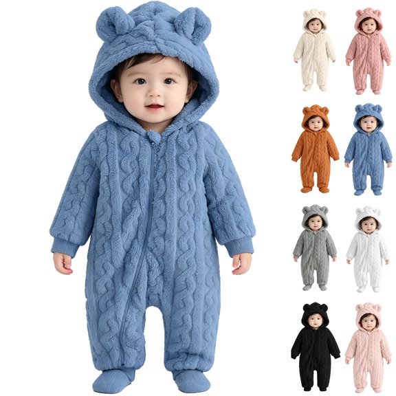 Toddler Kids Winter Clothes,Cute Warm Solid Color Long Sleeved Zipper Hooded Jumpsuit Rompers,Kids Essentials