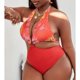 thumbnail image 3 of Bikini de una pieza con cuello halter y lazo en la espalda, traje de baño de señora con recorte y falda para surfear, fiesta en la playa, hojas amarillas sobre fondo rosa 3XL, 3 of 6