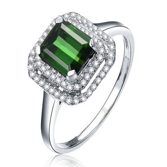 Perfect 1 Carat princess cut Emerald and Diamond double Halo Engagement Ring in White Gold
