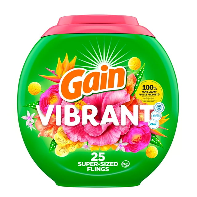 Gain Super Flings Laundry Detergent Pacs, Hibiscus Hula scent, irresistibly clean and fresh washing detergent laundry soap pacs, 25 Count