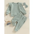 thumbnail image 2 of Suealasg Kids Baby Girl Spring Outfits Clothes 6M 1T 2T 3T Solid Color Long Sleeve Crew Neck Tops Elastic Waist Long Pants Bow Headband 3Pcs Causal Clothing for Toddler Girl, 2 of 8