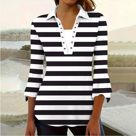 BSDJILFG Womens Golf Shirts 3/4 Sleeve Bell Sleeve Tops Dressy Casual Black and White Striped Shirts Peplum Tunic Work Blouse Summer