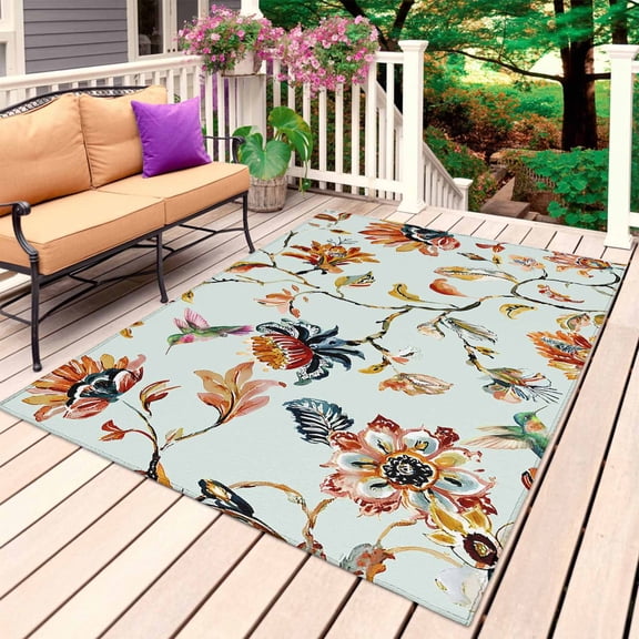 Green Spring Floral Outdoor Rug 4x6 Ft, Non Slip Washable Area Rug, Summer Botanical Vintage Birds Patio Rugs Carpet Runner, Large Floor Mat for Indoor/Outdoor Deck Porch Camping