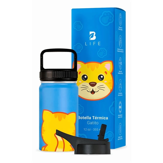 Botella de Agua para Niños 355ml Gatito | Con Asa, 2 Tapas, 2 Popotes y Cepillo | Libre de BPA | B Life