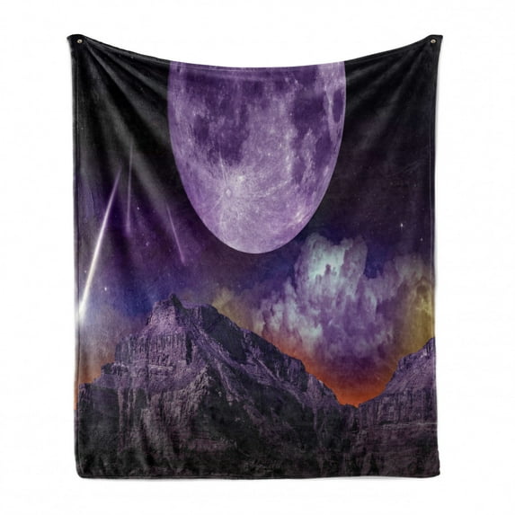 Mystic Soft Flannel Fleece Throw Blanket, Fantasy Dark Night in Earth Cosmos Galaxy Planet Celestial Large Moons Comets, Cozy Plush for Indoor and Outdoor Use, 60" x 80", Purple Black, by Ambesonne