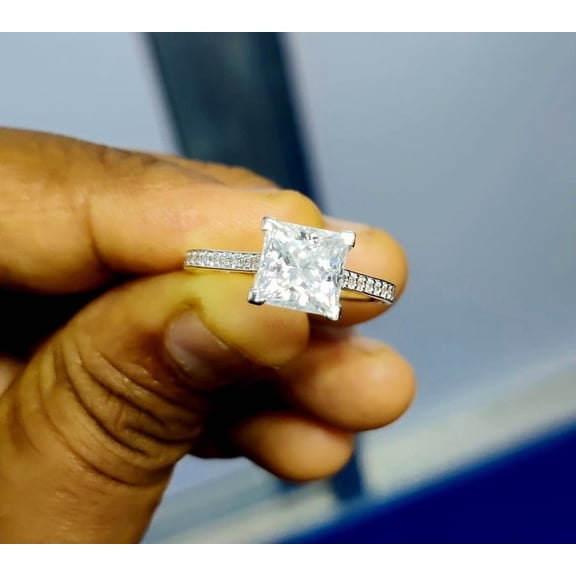 2Ct Princess Cut Real Moissanite Solitaire Engagement Ring 14k White Gold Plated