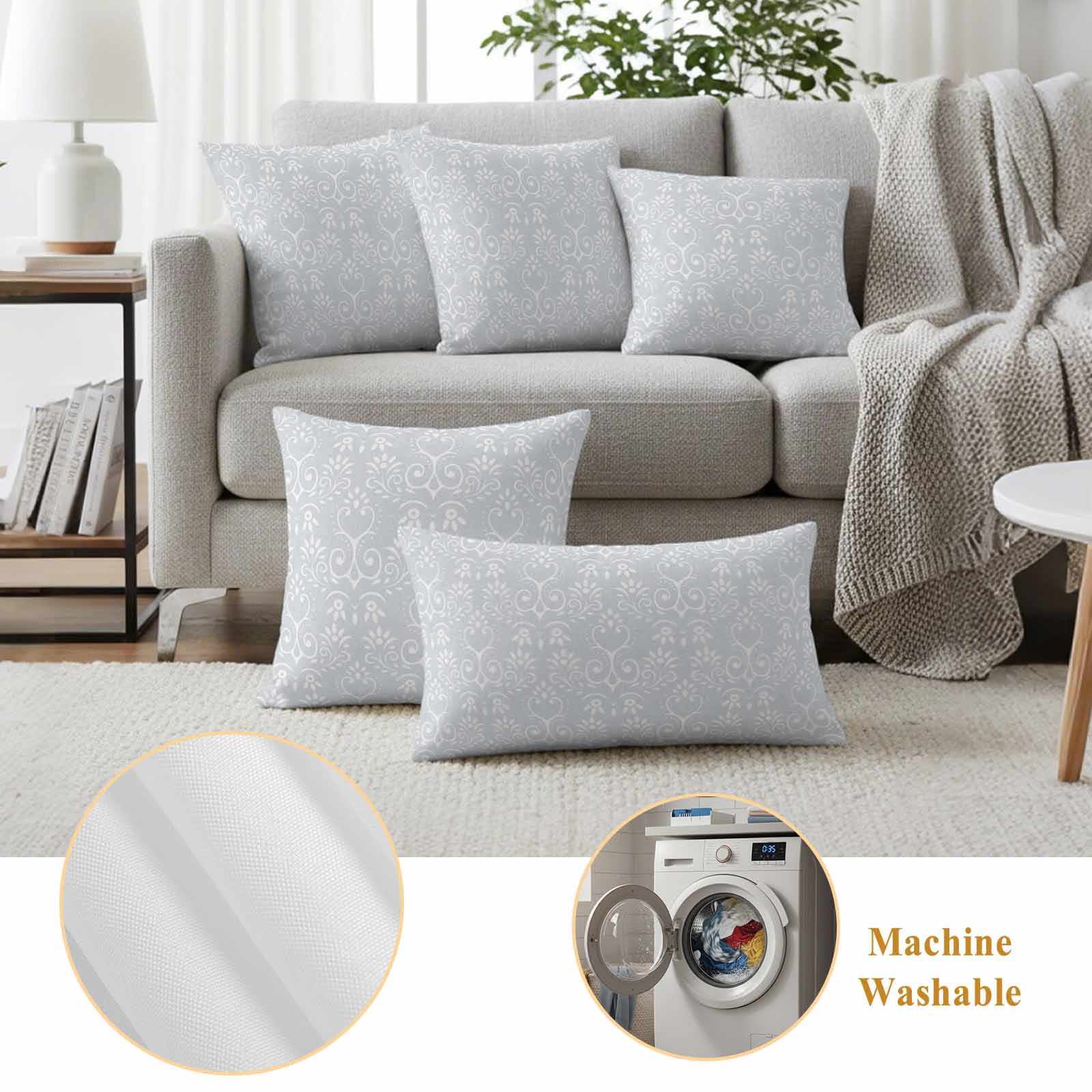 Grey Spring Floral Outdoor Waterproof Pillow Covers, Modern Abstract Art Farmhouse Decorative Square Throw Pillowcase Sofa Cushion Sham for Patio/Couch/Chair, 16"x16" 2 Pack