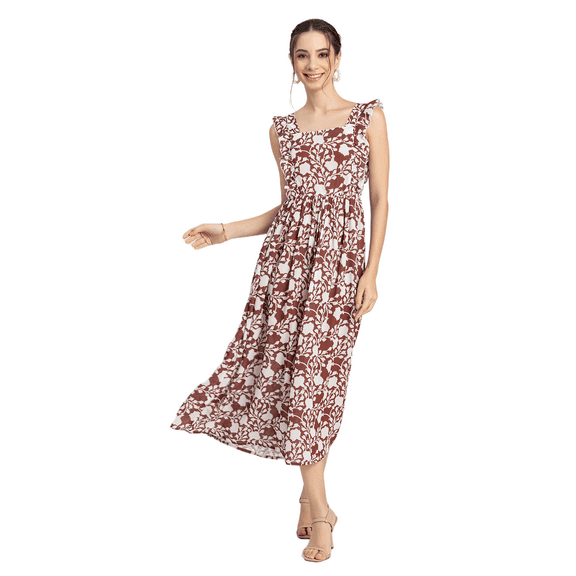 Moomaya Womens Printed A-Line Long Dress, Ruffled Square Neck Maxi Dress