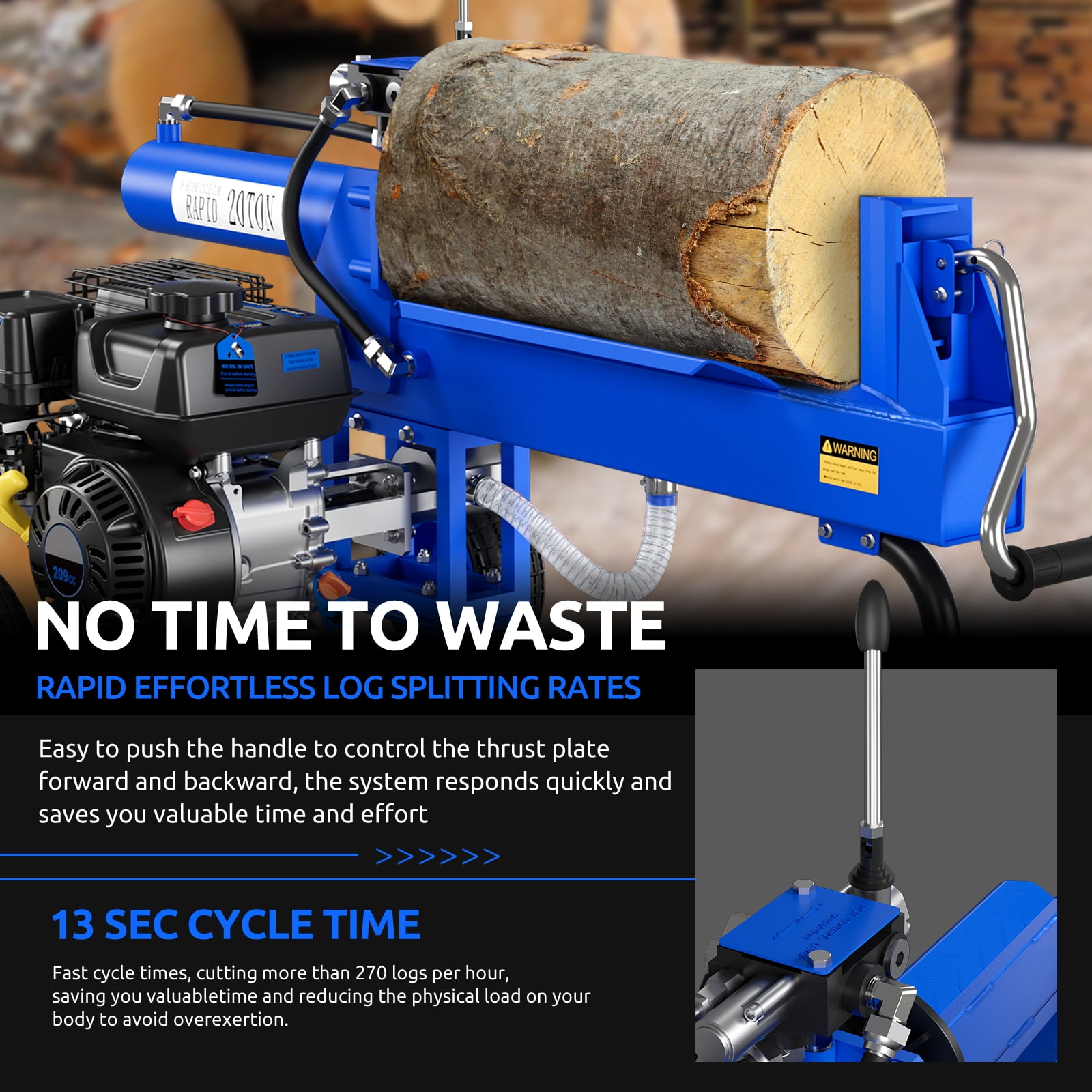 Efurden Gas Log Splitter with 7 HP-4 Stroke Engine, 20 Ton Hydraulic Auto Return Ram System and Twin Gear Hydraulic Pump, 16" Max Wood Diameter