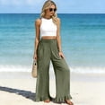 thumbnail image 5 of Satingcolo Women Linen Pants Summer Ruffle Wide Leg Palazzo Pant Smocked Waist Travel Lounge Trousers Beach Vacation Outfits Army Green S, 5 of 8