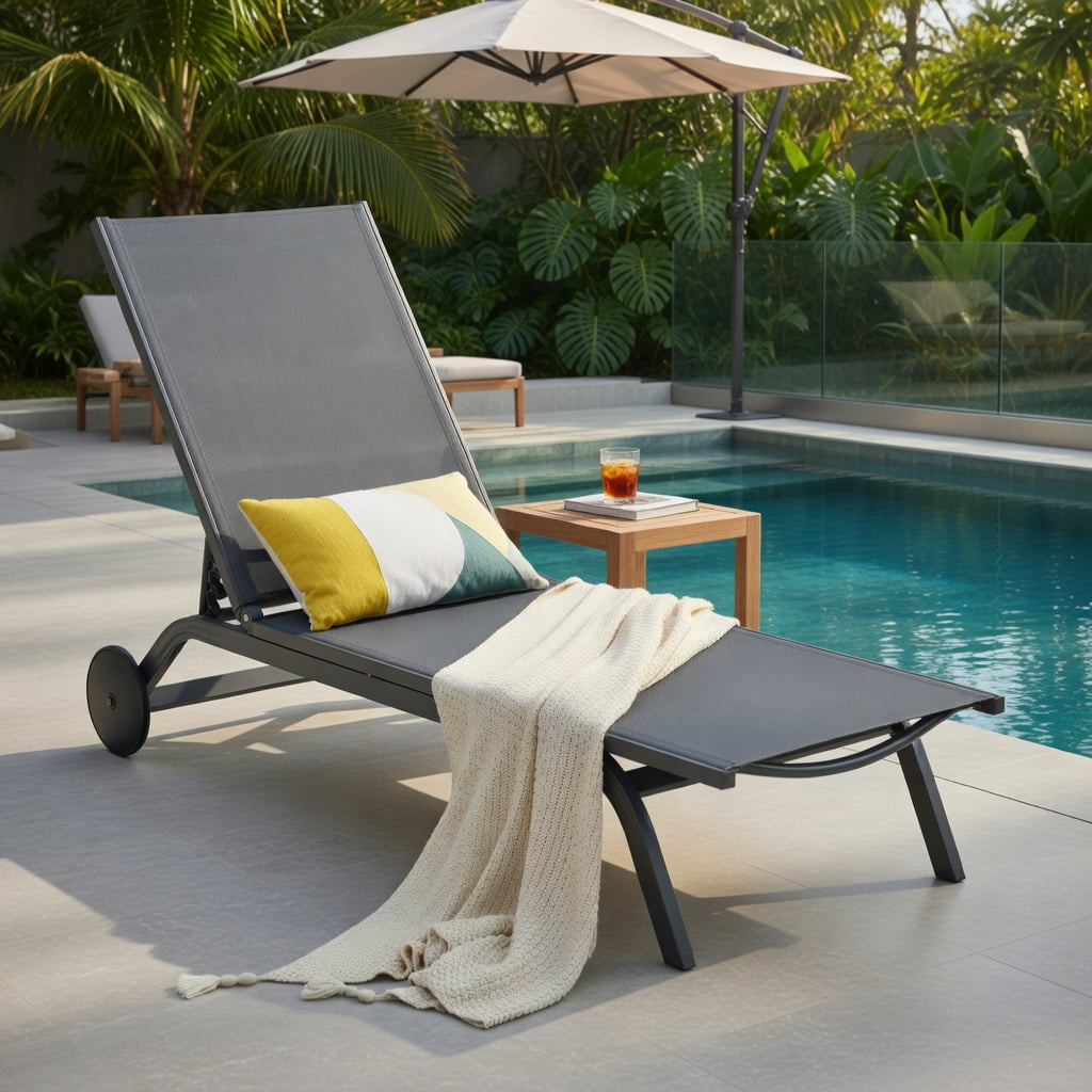 Hommoo 6-Position Adjustable Aluminum Outdoor Recliner Chair, Fabric Patio Lounge Chair for Poolside, Backyard & Balcony, Gray