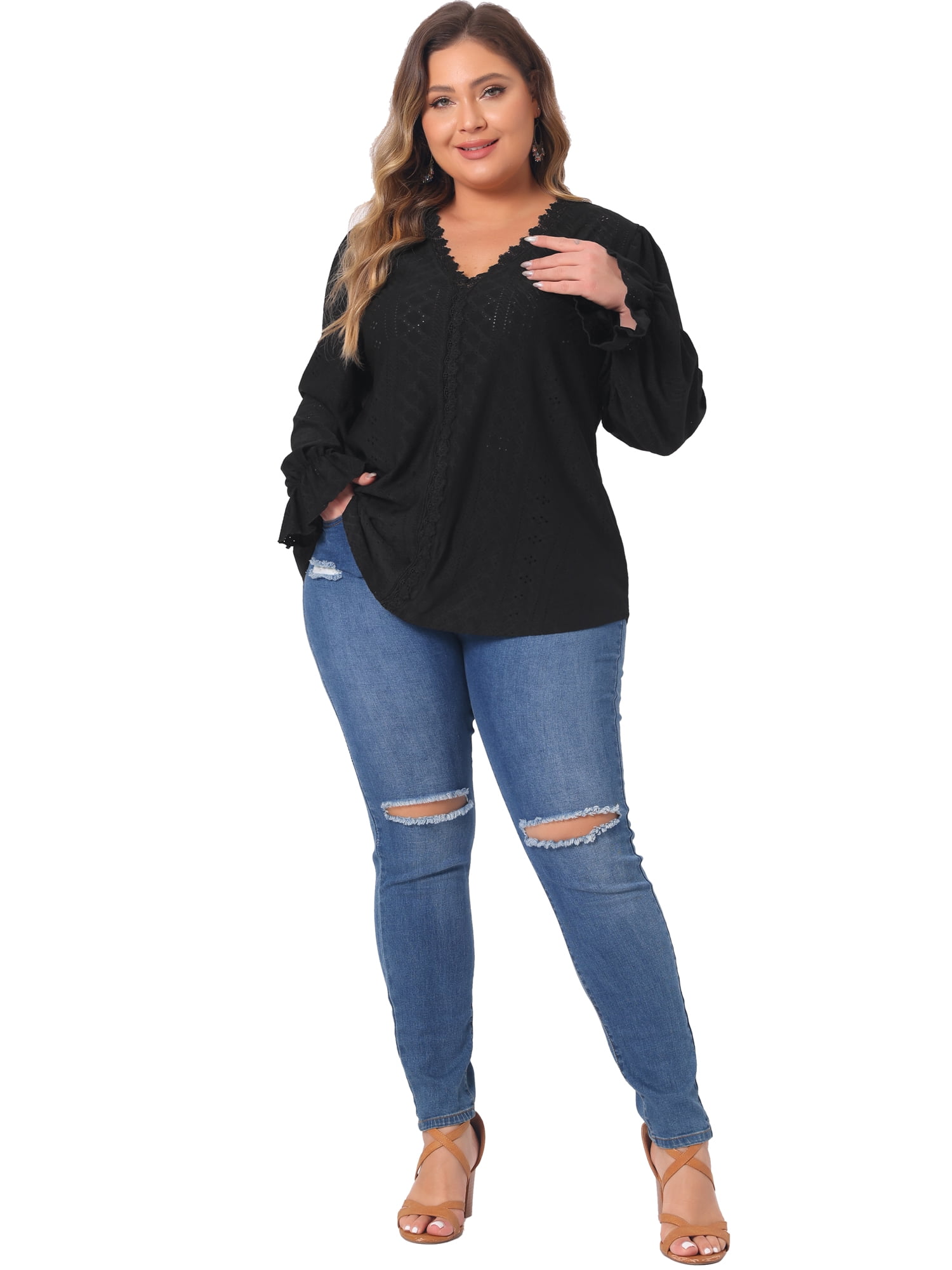 DARING DIVA Women's Plus V Neck Ruffle Long Sleeve Lace Crochet Casual Blouse 4X Black