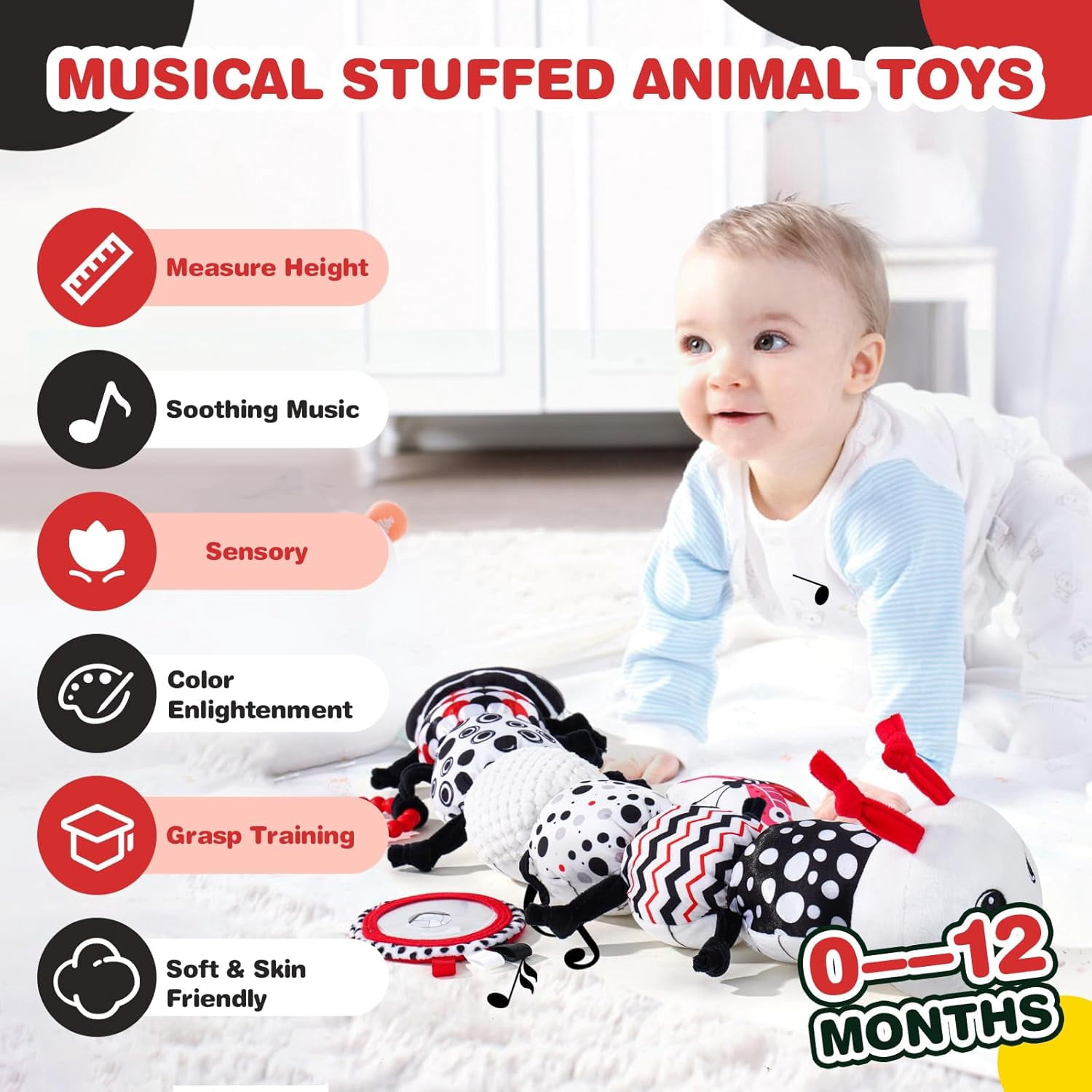 Musical Baby Growth Chart Plush Toy with Mirror, Rattle & Teether, Crawling Companion for 0-12 Months Infant Gift