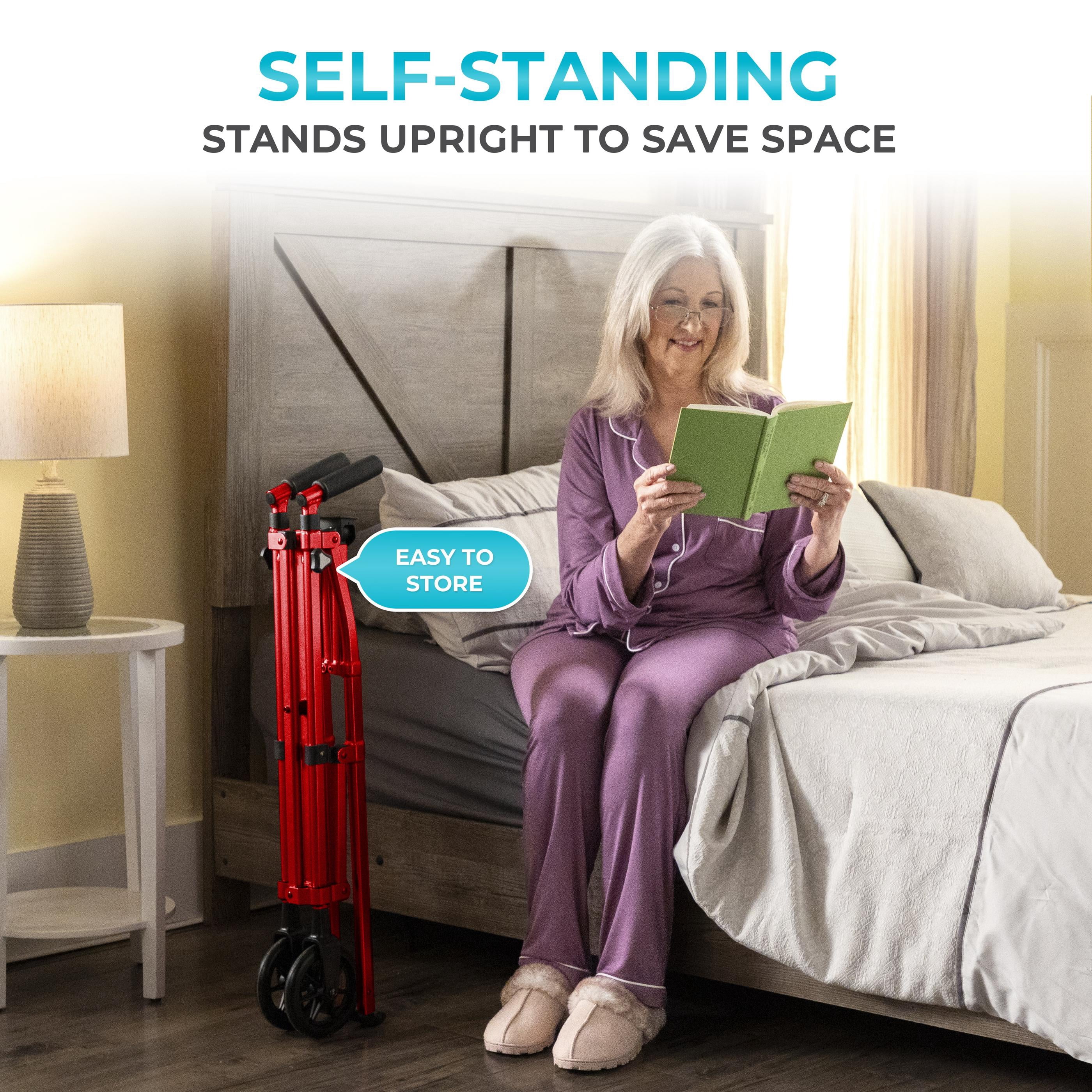 Stander Space Saver Walker, Lightweight Folding Walker for Seniors, Adult Walker with Wheels, Two Wheeled Rolling Walker with Rear Ski Glides, Sport Red